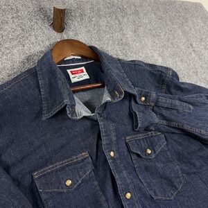 Wrangler Indigo Denim Shirt Mens 2XL Button Up Long Sleeve Western